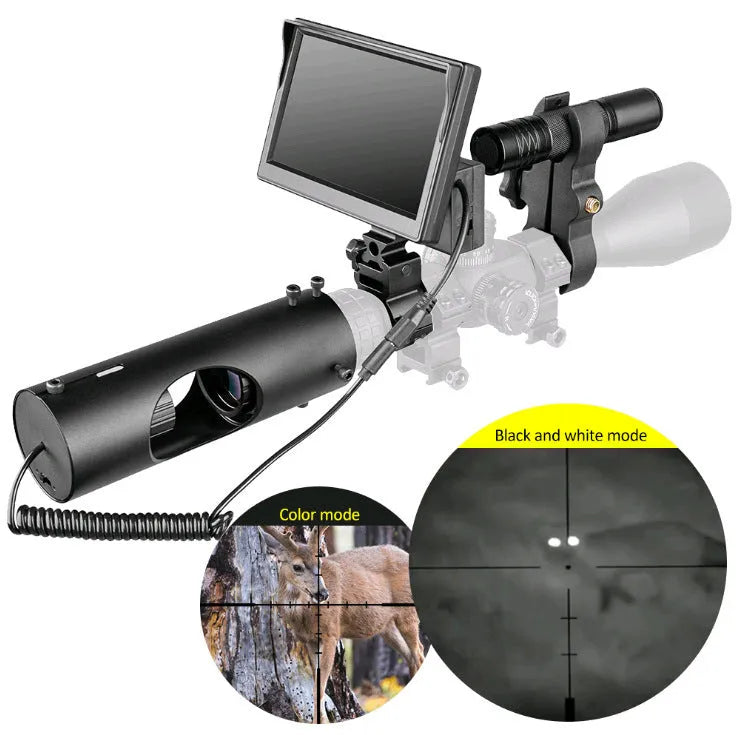 Black digital night vision goggles with large objective lenses and a 5 inch LCD screen on the front.