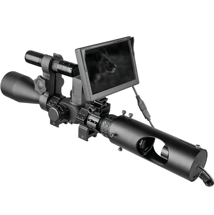 Black digital night vision goggles with large objective lenses and a 5 inch LCD screen on the front.