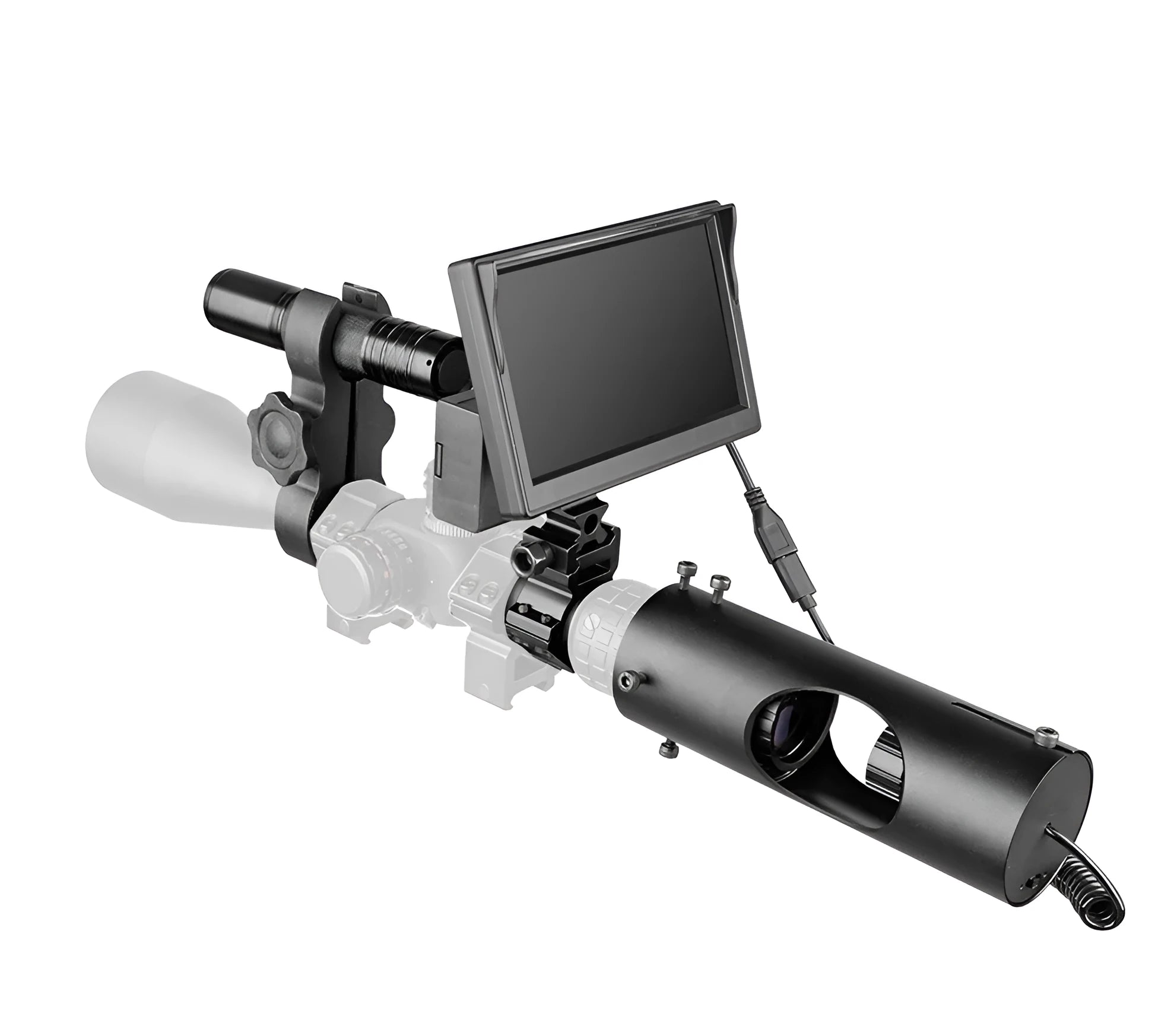 Black digital night vision goggles with large objective lenses and a 5 inch LCD screen on the front.