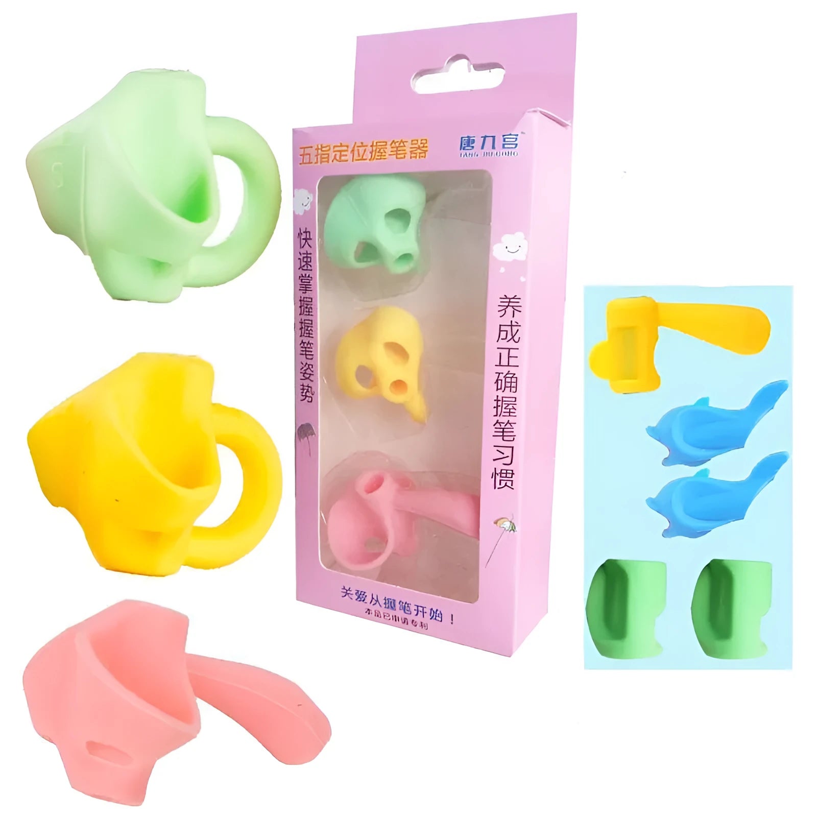 Children's pen holder orthosis with dolphin-themed holders and writing corrector for kindergarten writing practice