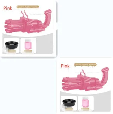 Child's plastic bubble blower gun in pink, gold, or black with removable bubble head for use as a fan.