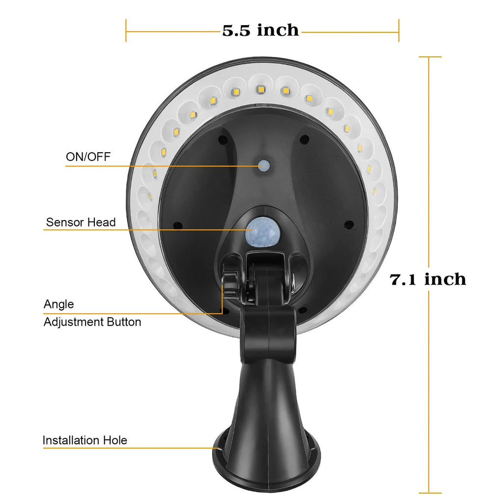 360 degree solar motion light with circular illumination design for garden security