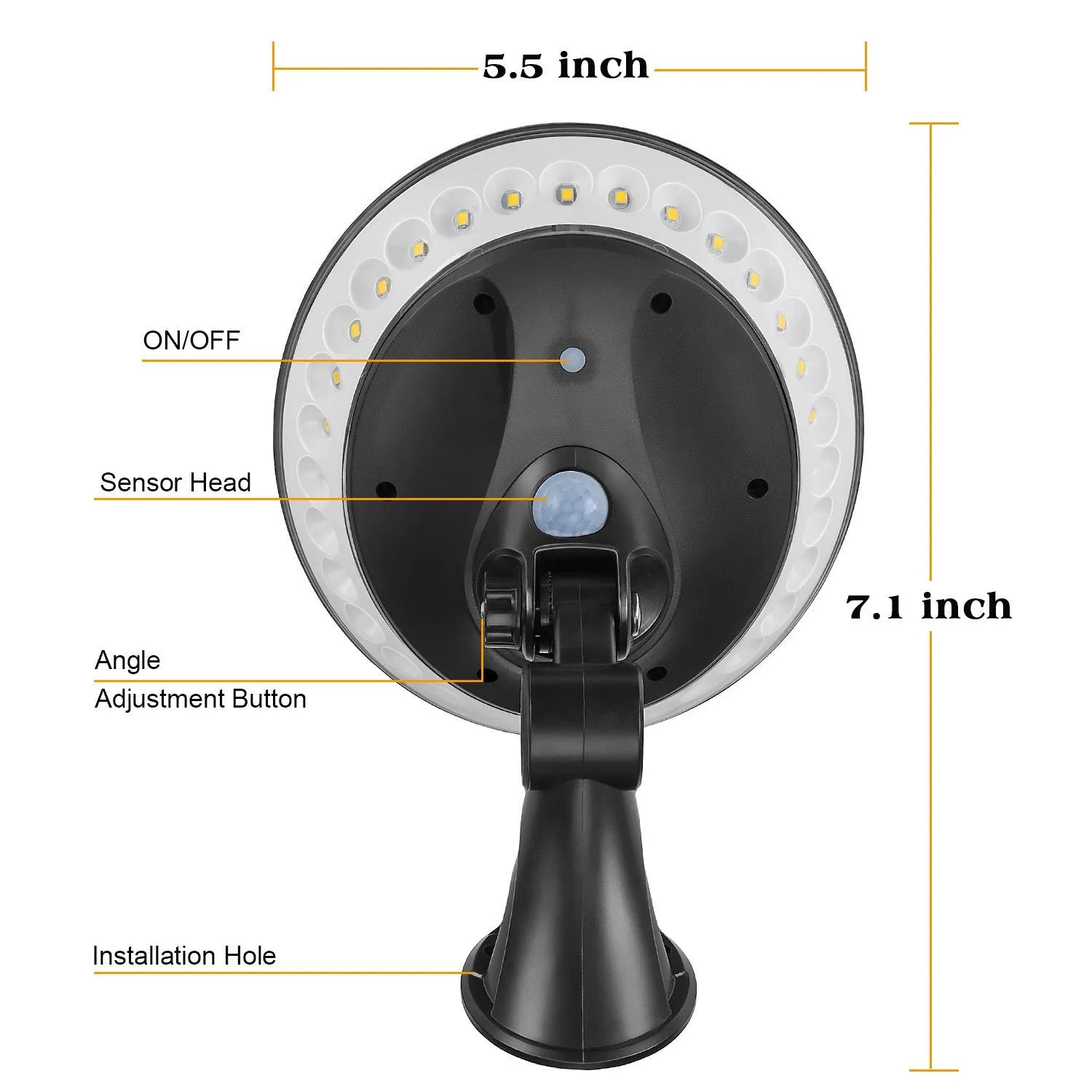 360 degree solar motion light with circular illumination design for garden security