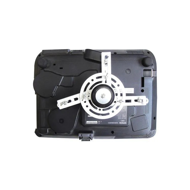 White electric ceiling projector lift hanger with remote control, showing ultra-thin chassis.