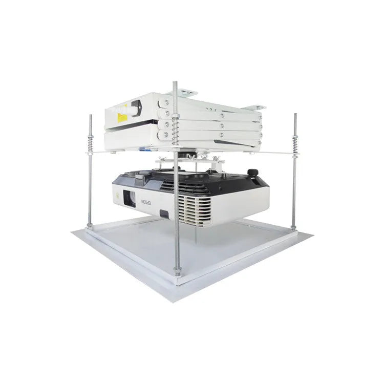 White electric ceiling projector lift hanger with remote control, showing ultra-thin chassis.