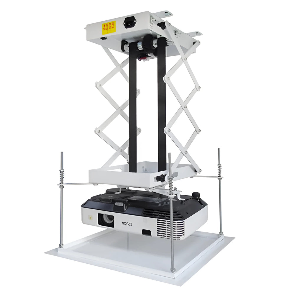 White electric ceiling projector lift hanger with remote control, showing ultra-thin chassis.