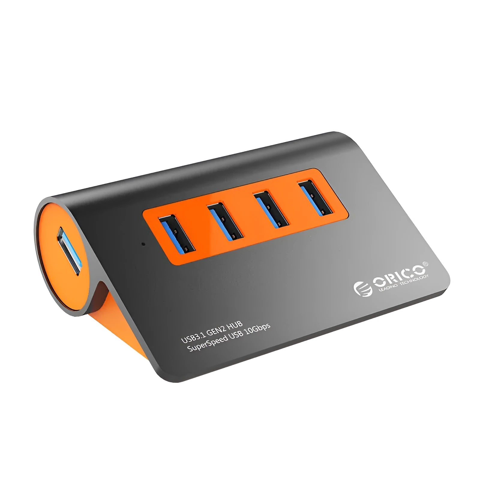 Dark grey aluminium USB-C docking station with four USB ports and orange accent, shown with a detached cable.