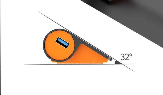 Dark grey aluminium USB-C docking station with four USB ports and orange accent, shown with a detached cable.