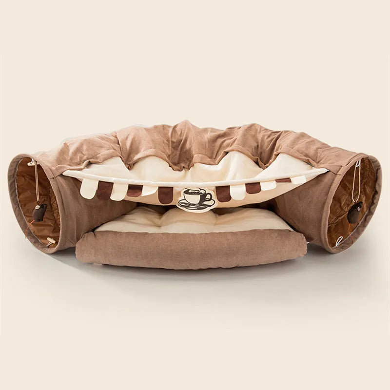Collapsible cloth cat tunnel shown in one of four colours: Bar, Coffee, Matcha, or Pink