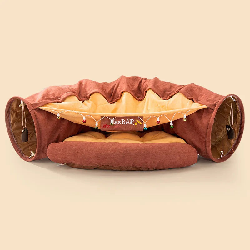 Collapsible cloth cat tunnel shown in one of four colours: Bar, Coffee, Matcha, or Pink