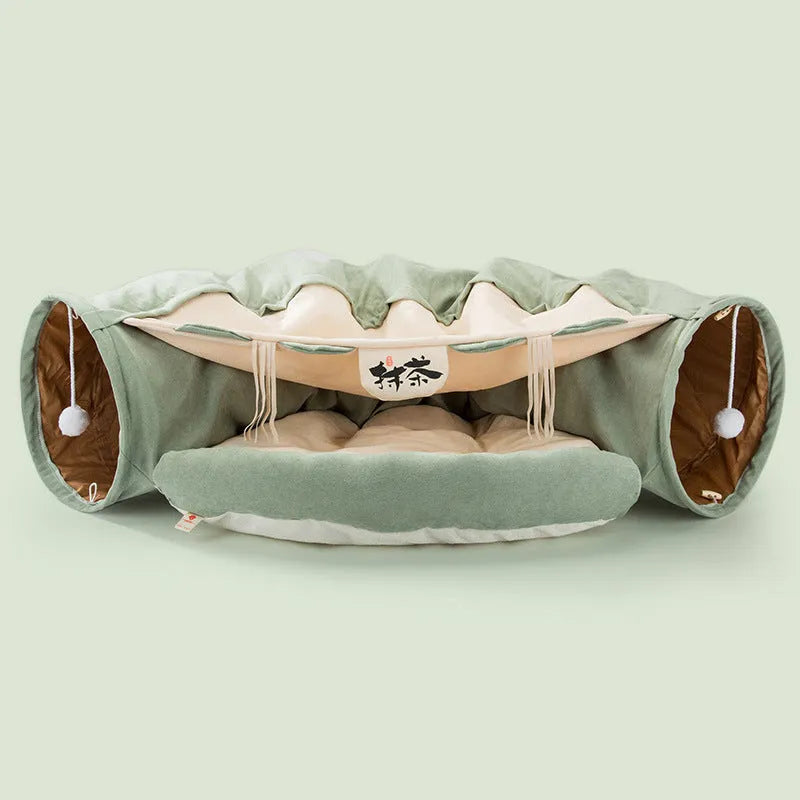 Collapsible cloth cat tunnel shown in one of four colours: Bar, Coffee, Matcha, or Pink