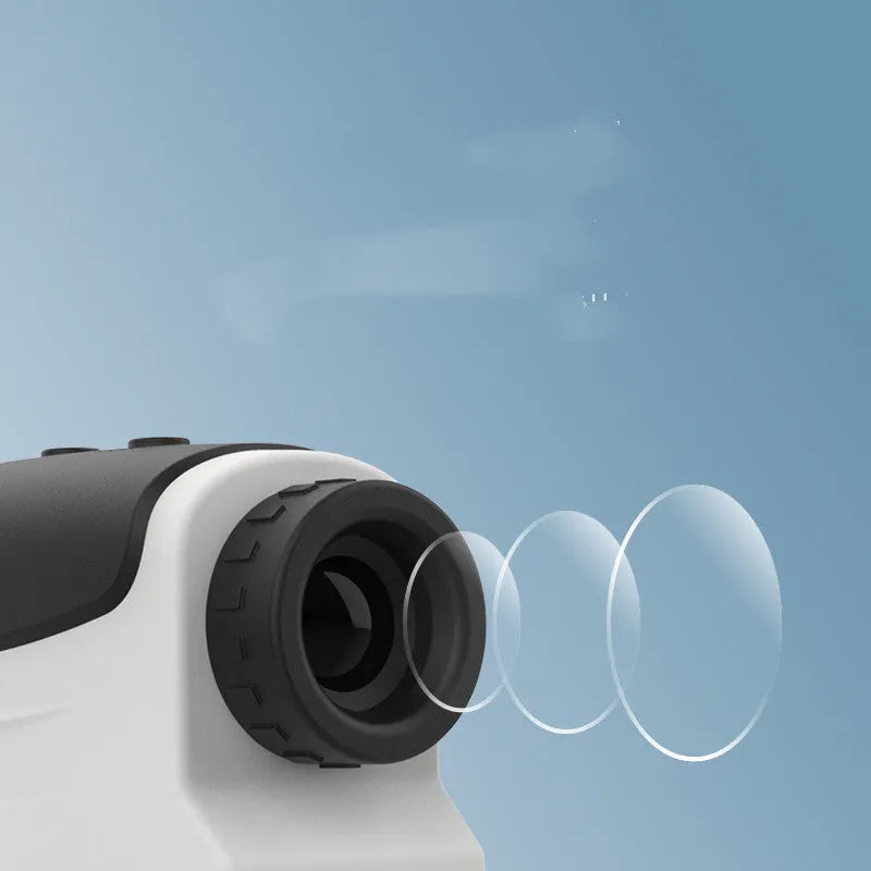 Golf laser rangefinder with distance measurement display showing outdoor use on golf course