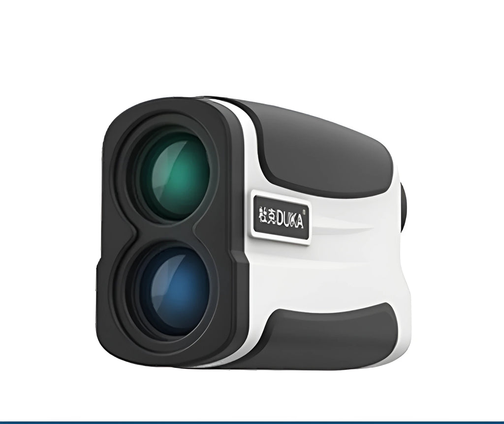 Golf laser rangefinder with distance measurement display showing outdoor use on golf course