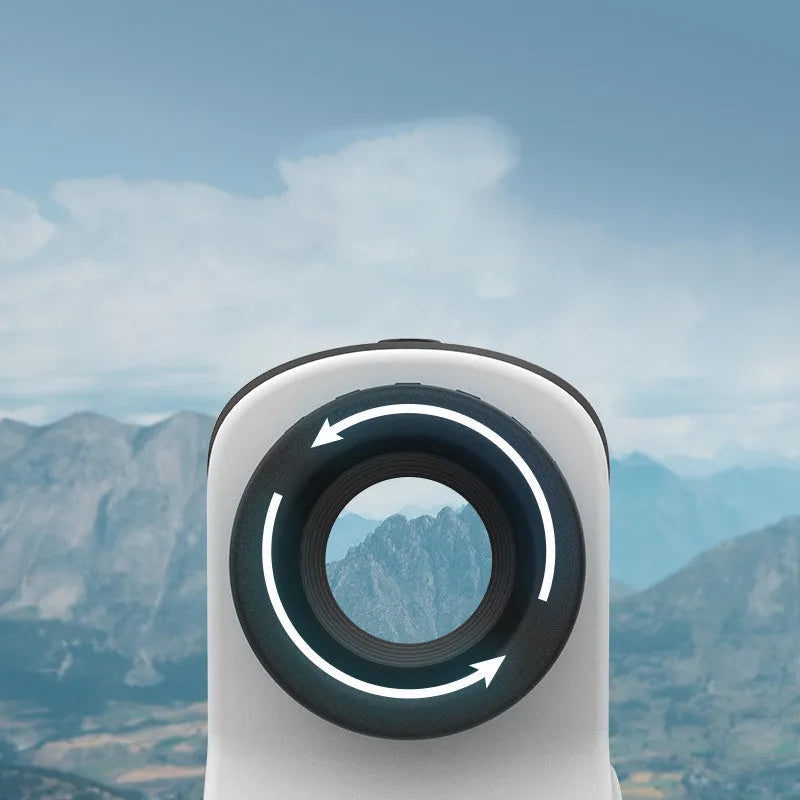 Golf laser rangefinder with distance measurement display showing outdoor use on golf course