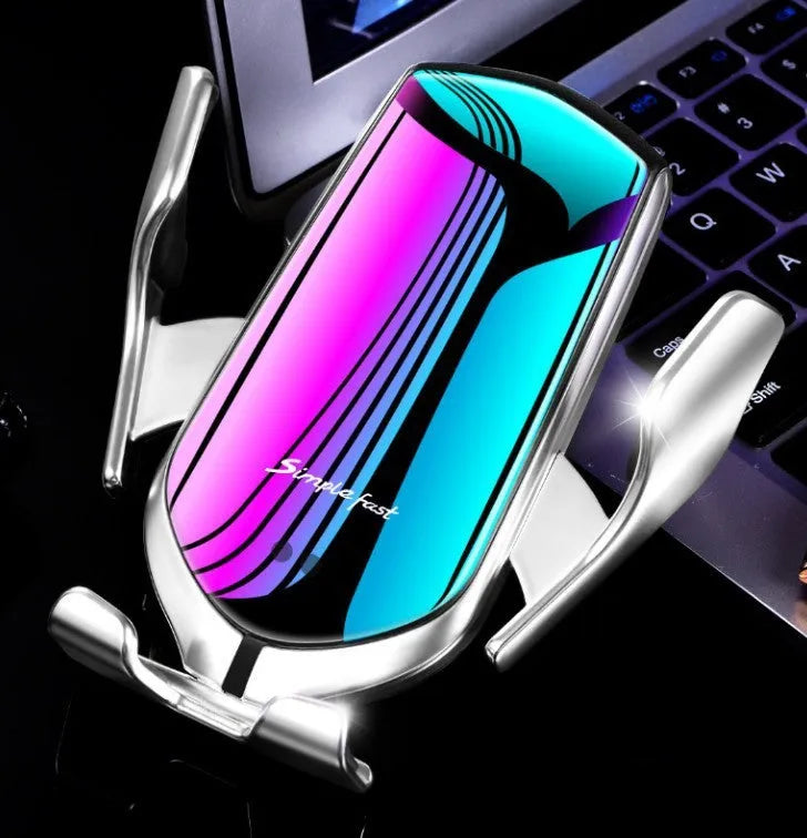 Magic Clip R1 automatic wireless charging car phone holder in gold mounted on dashboard