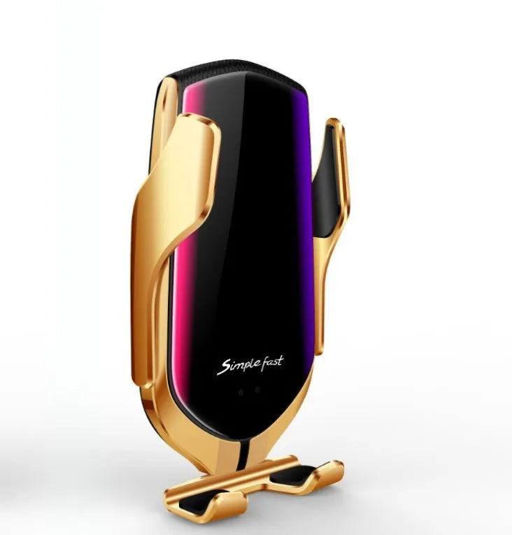 Magic Clip R1 automatic wireless charging car phone holder in gold mounted on dashboard