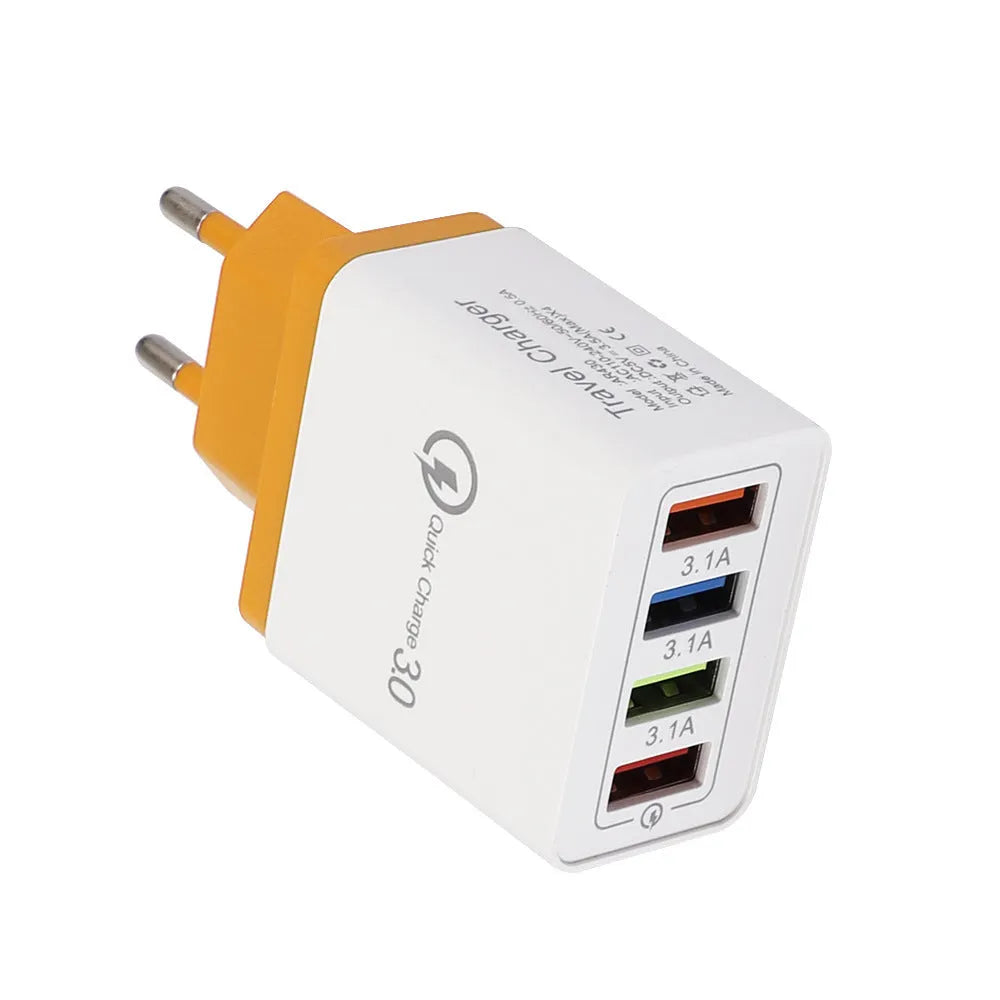 4 port USB travel charger with European and American plug adapters in multiple colour options