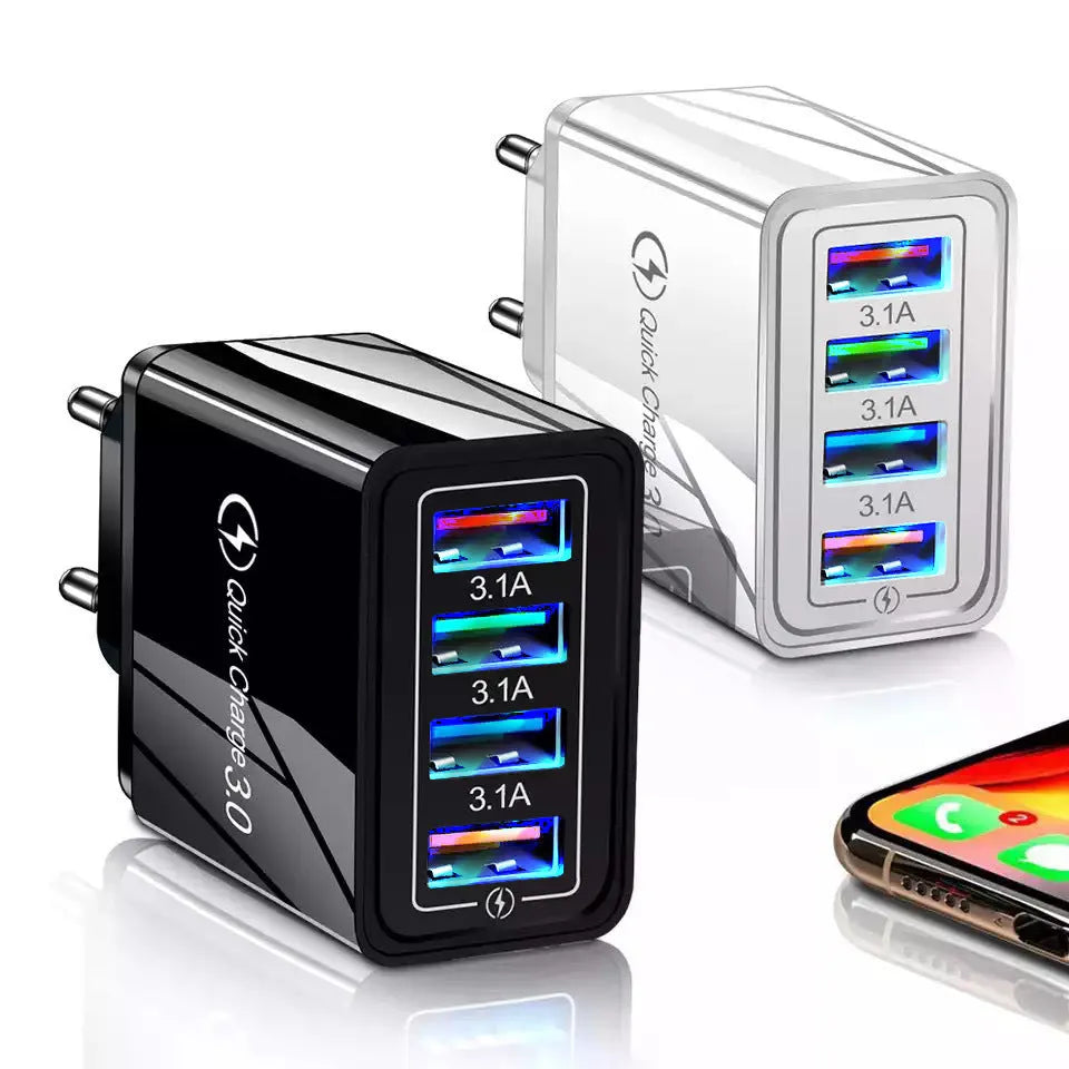 4 port USB travel charger with European and American plug adapters in multiple colour options