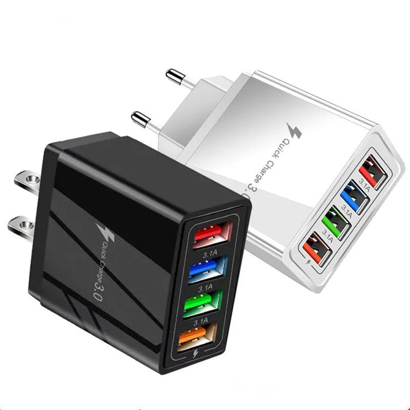 4 port USB travel charger with European and American plug adapters in multiple colour options