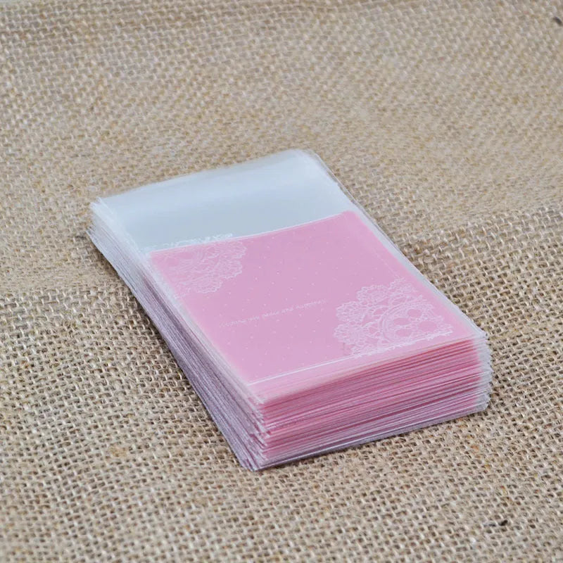 Pink self-adhesive plastic packaging bag for handmade soap with UV printed labelling