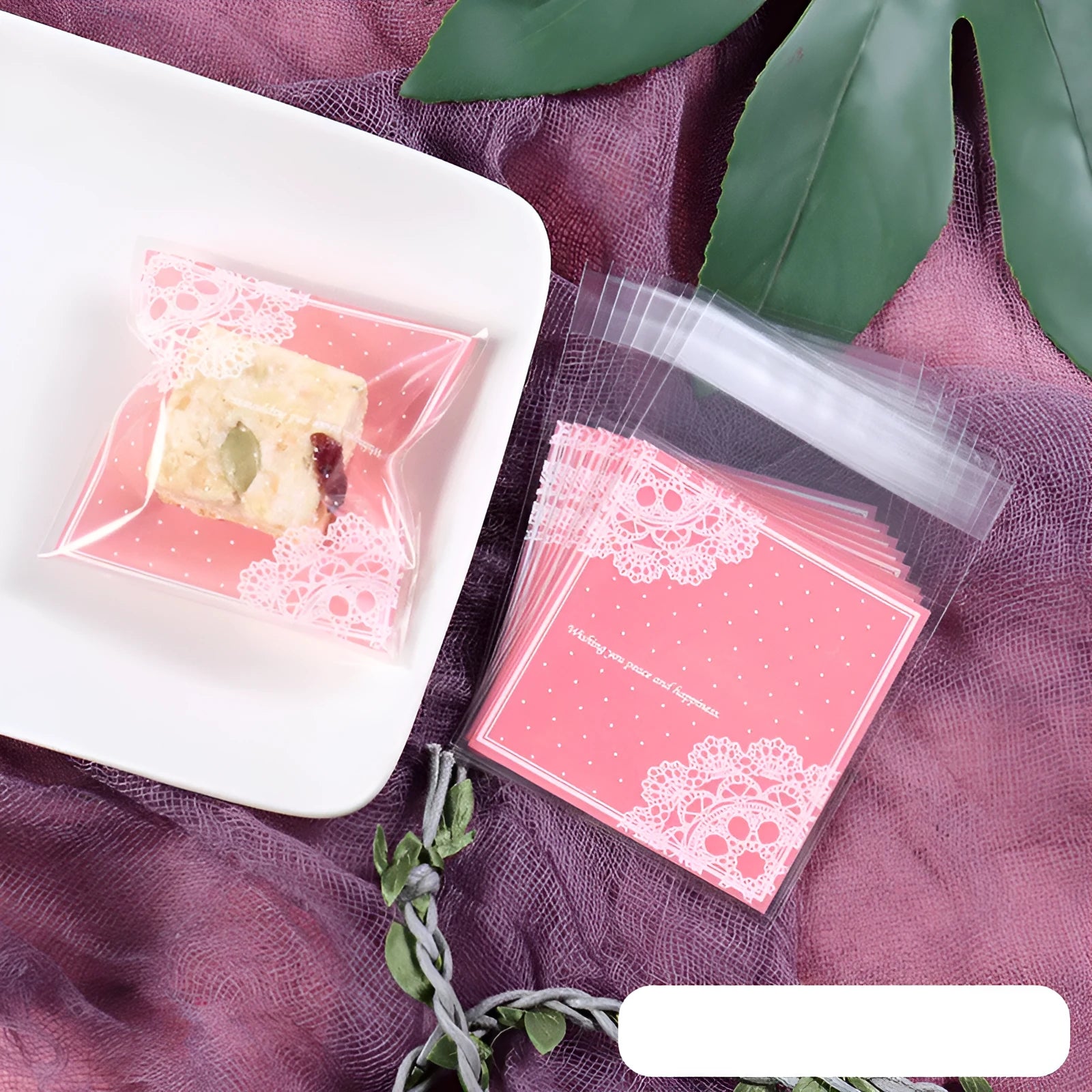 Pink self-adhesive plastic packaging bag for handmade soap with UV printed labelling