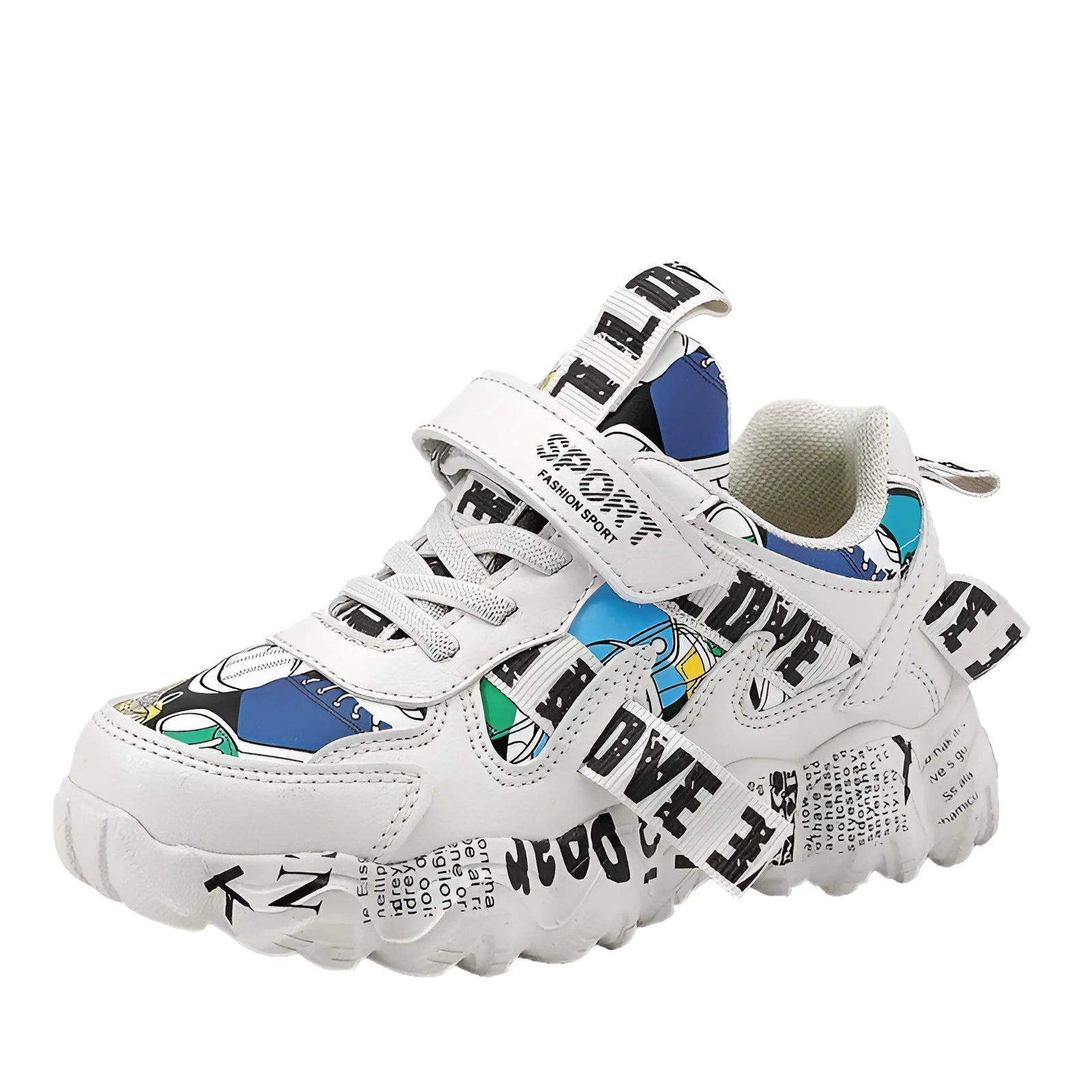 Kids sports sneakers with velcro fastening in beige blue, white red, or bright red colour options