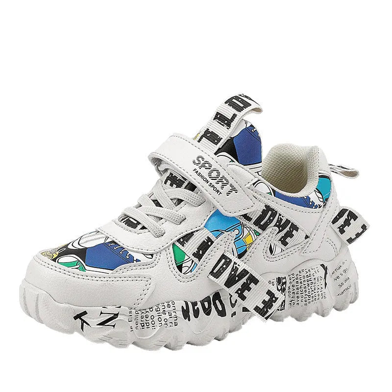 Kids sports sneakers with velcro fastening in beige blue, white red, or bright red colour options