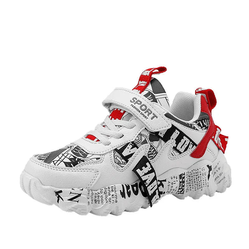 Kids sports sneakers with velcro fastening in beige blue, white red, or bright red colour options
