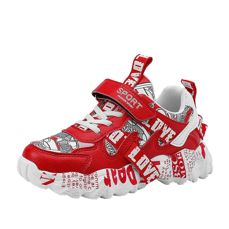 Kids sports sneakers with velcro fastening in beige blue, white red, or bright red colour options