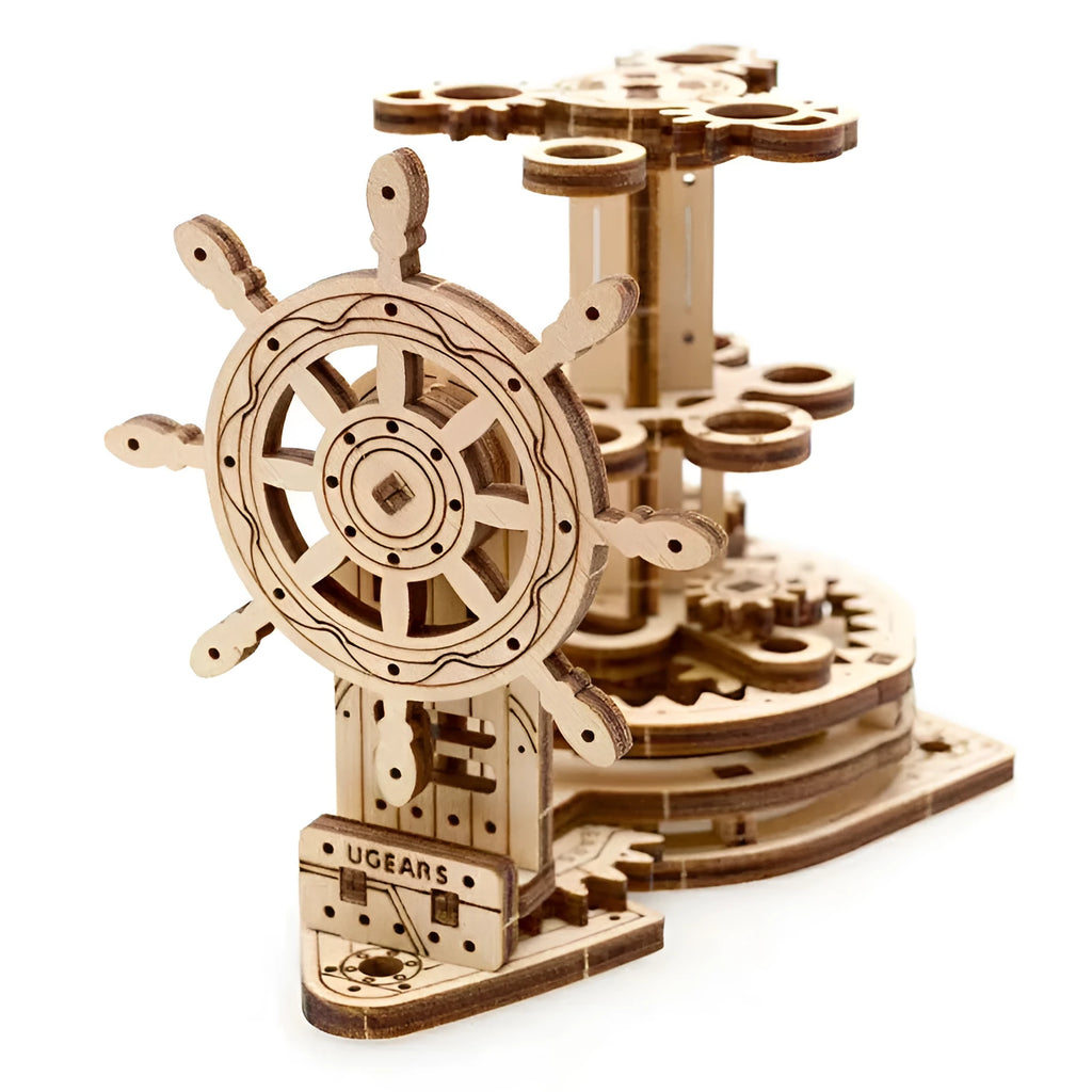 Ukrainian handmade wooden rotating pen holder with steering wheel mechanism on desk