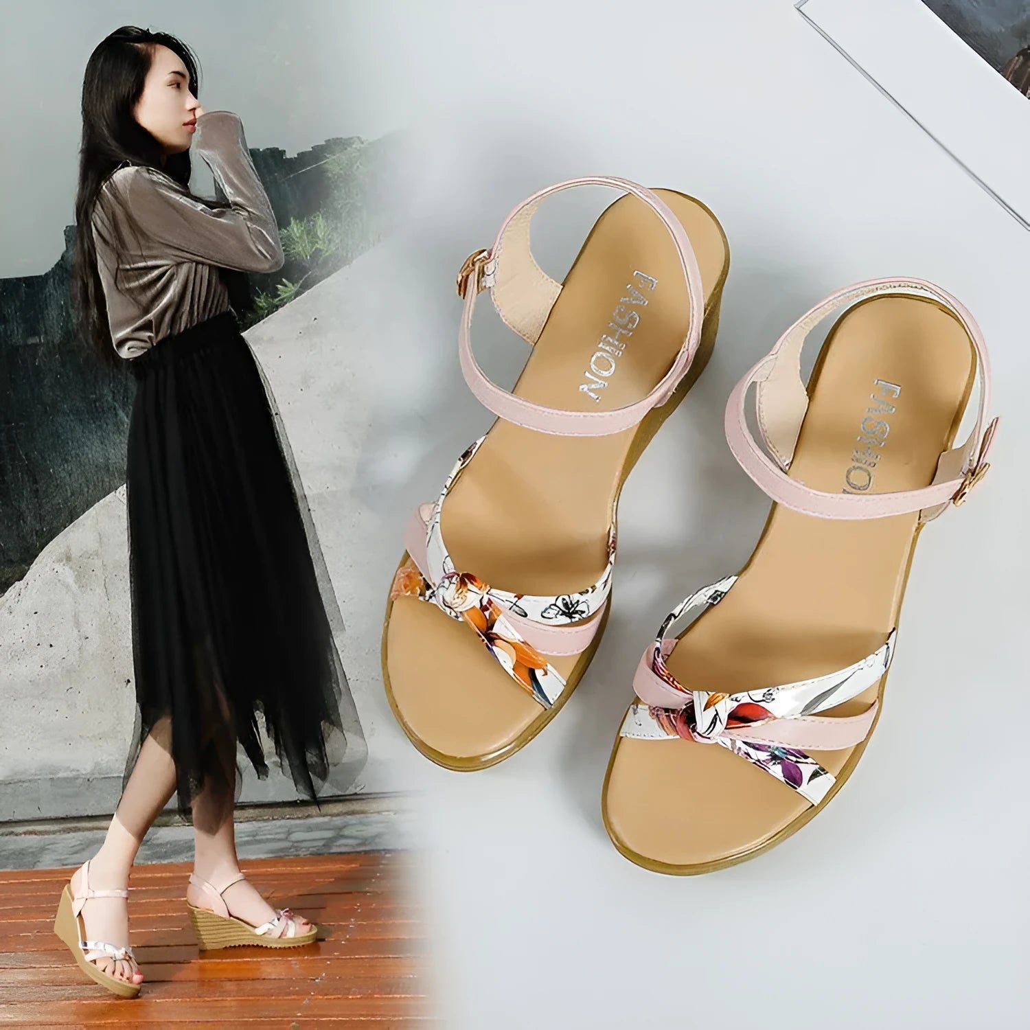 Women's pink PU wedge sandals with a thick heel, fish mouth toe, and buckle strap.