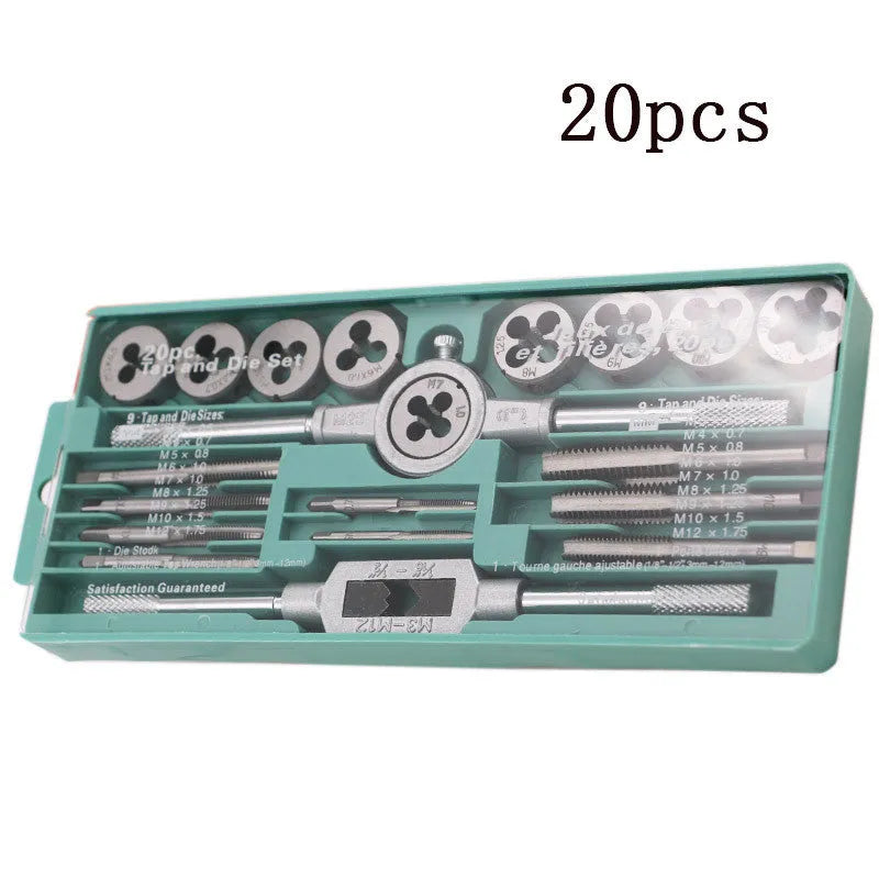 Metric tap and die set with silver and titanium-plated taps and wrench handles for hand operation