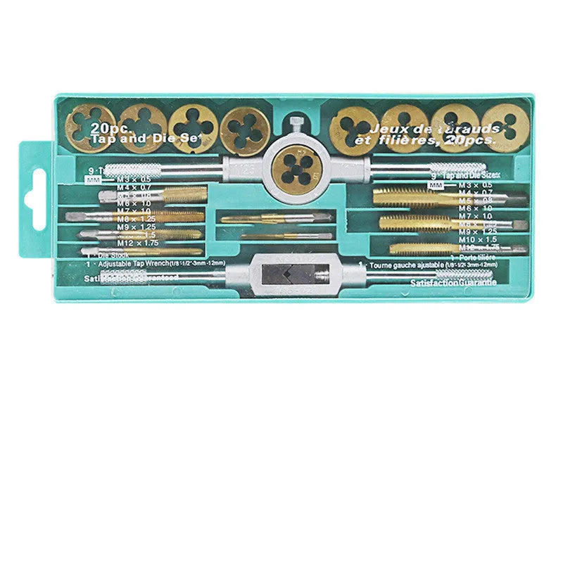 Metric tap and die set with silver and titanium-plated taps and wrench handles for hand operation