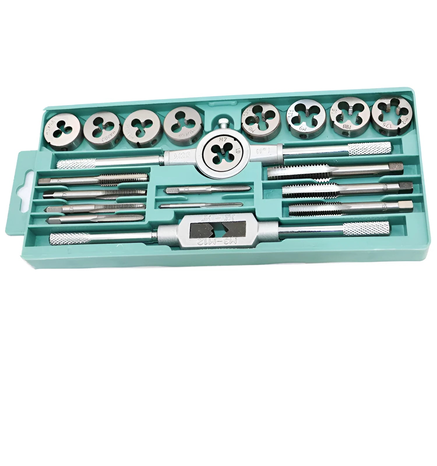 Metric tap and die set with silver and titanium-plated taps and wrench handles for hand operation