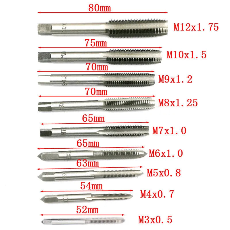 Metric tap and die set with silver and titanium-plated taps and wrench handles for hand operation