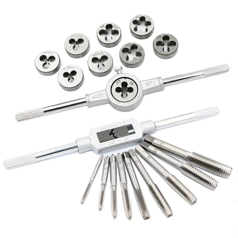 Metric tap and die set with silver and titanium-plated taps and wrench handles for hand operation