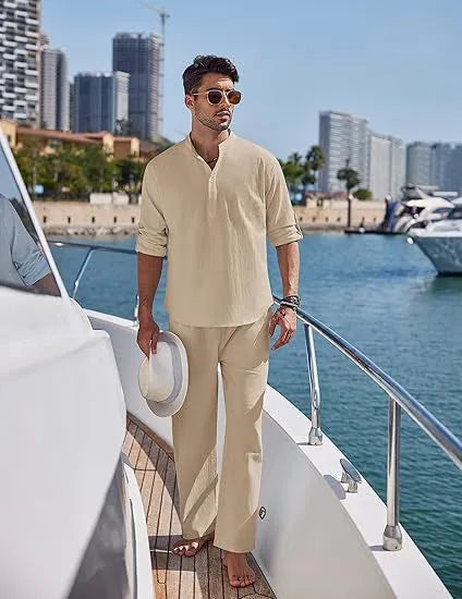Men's casual cotton suit in a solid colour, featuring a long-sleeve top and trousers.