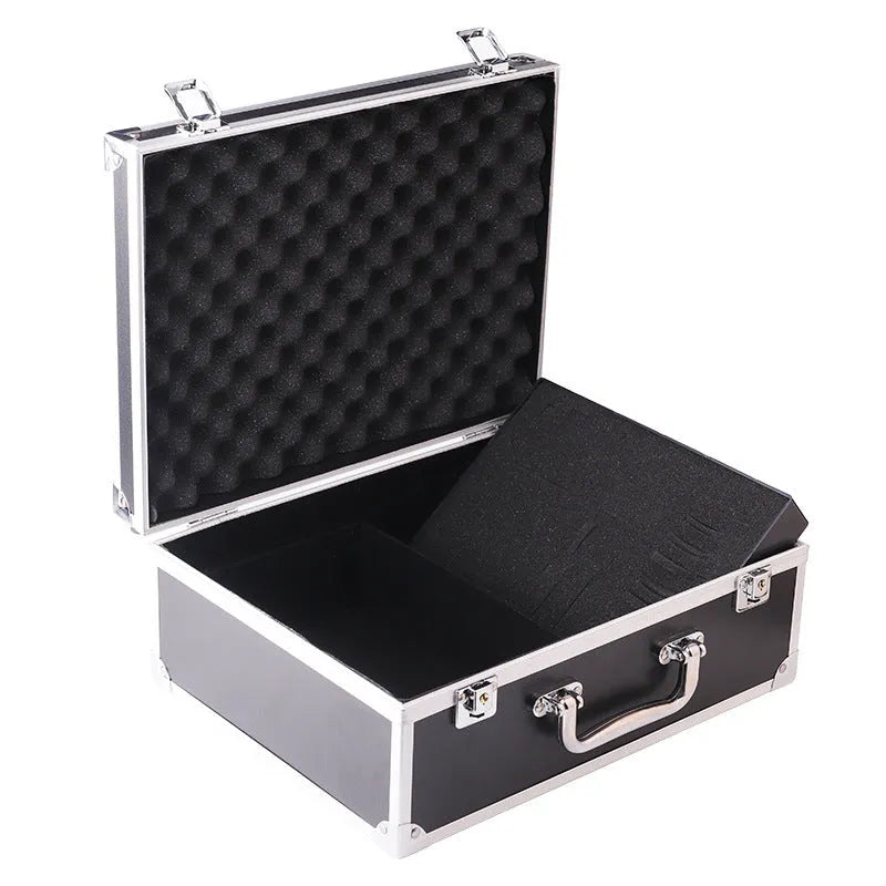 Black aluminium alloy tattoo equipment storage box for organising machines, grips, and inks.