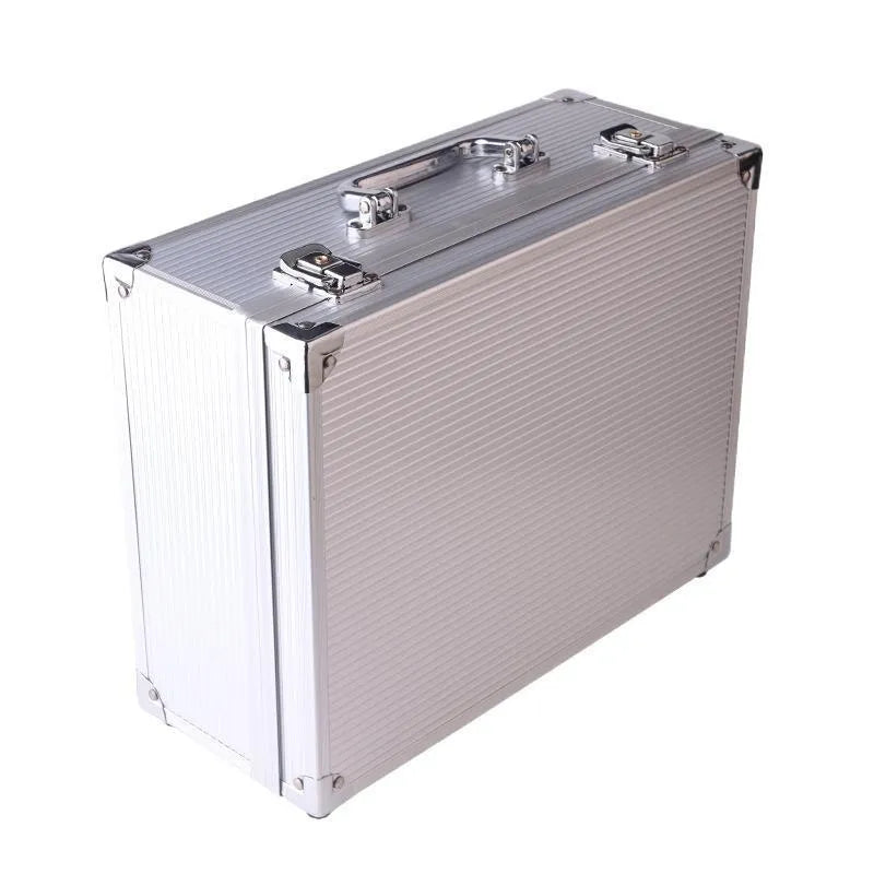 Black aluminium alloy tattoo equipment storage box for organising machines, grips, and inks.