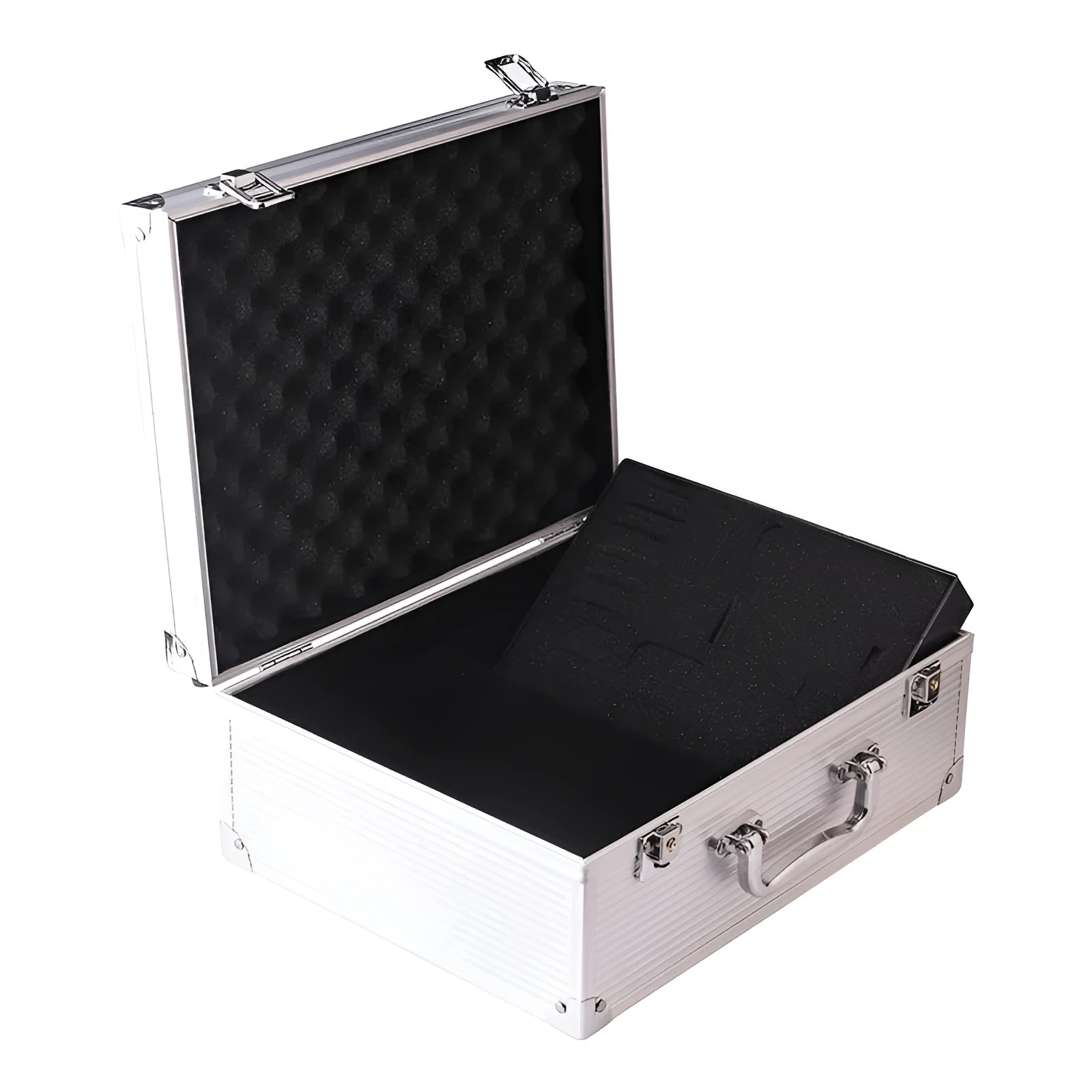 Black aluminium alloy tattoo equipment storage box for organising machines, grips, and inks.
