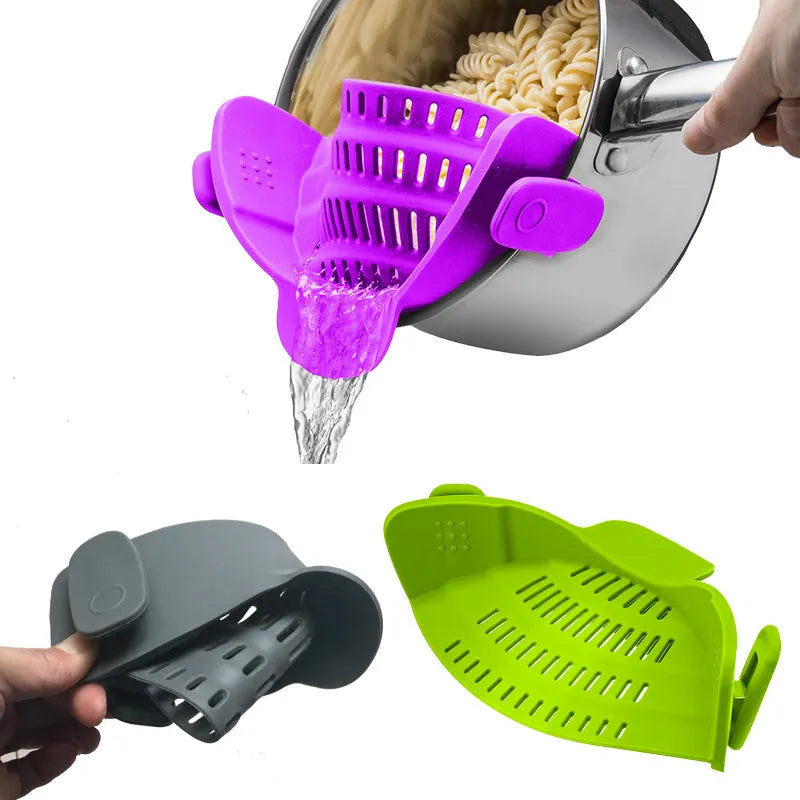 Silicone clip-on kitchen funnel with stainless steel buckle for pot draining and rice washing