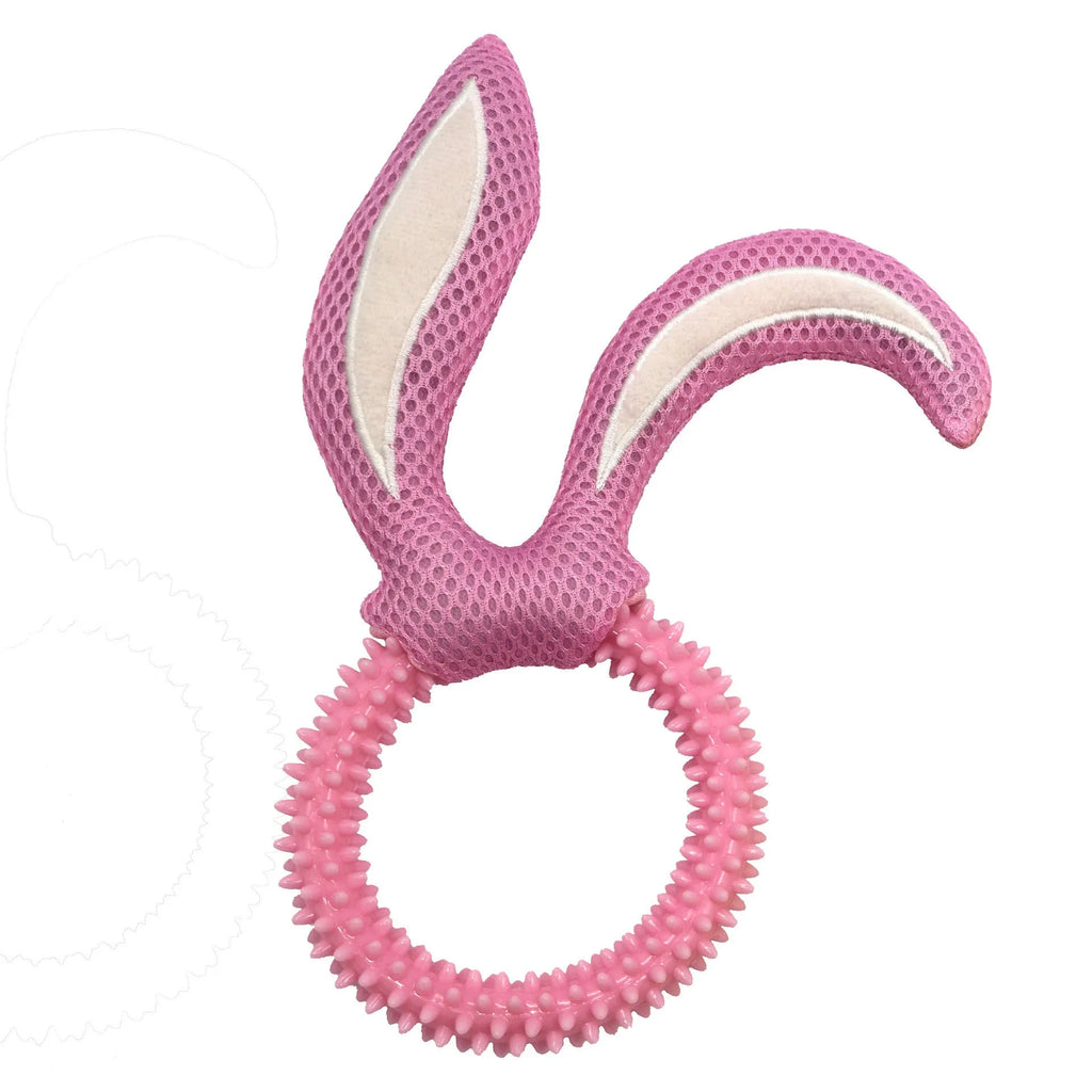 Bunny ears TPR squeaky dog bite toy in pink for small to medium dogs weighing 55g