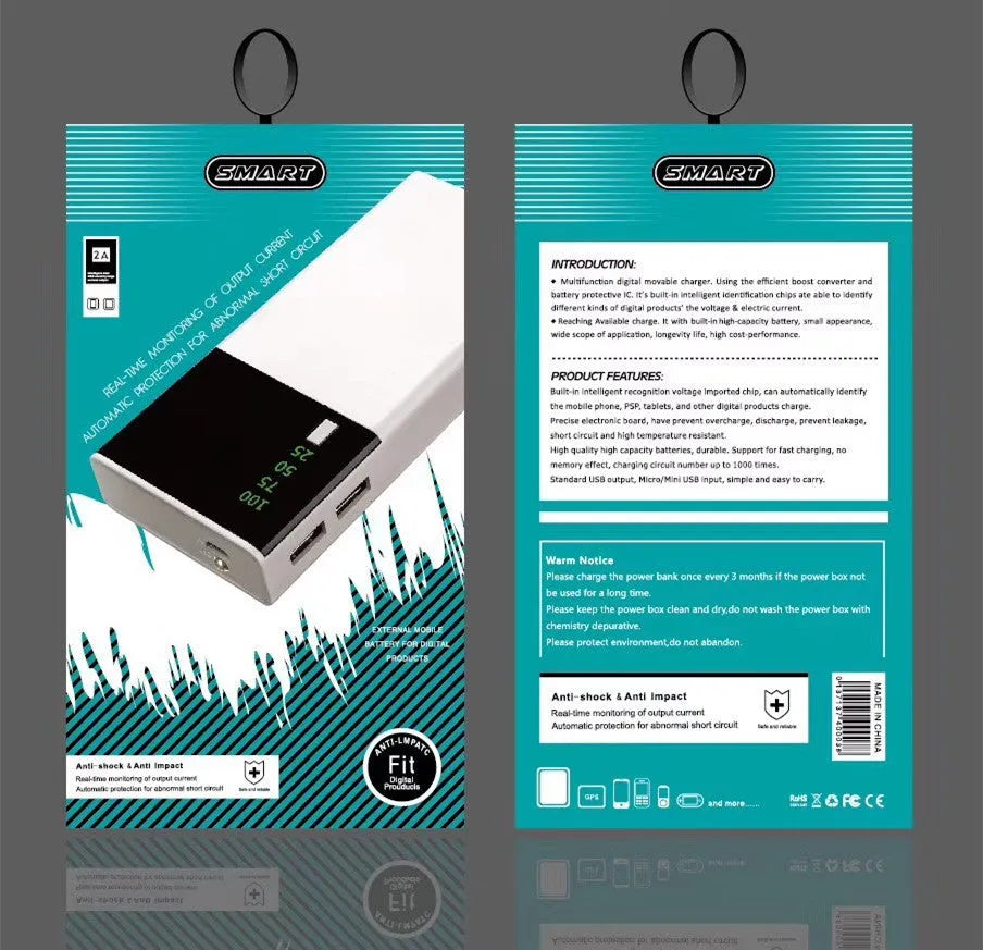 Black rectangular 20000mAh portable power bank with included USB charging cable