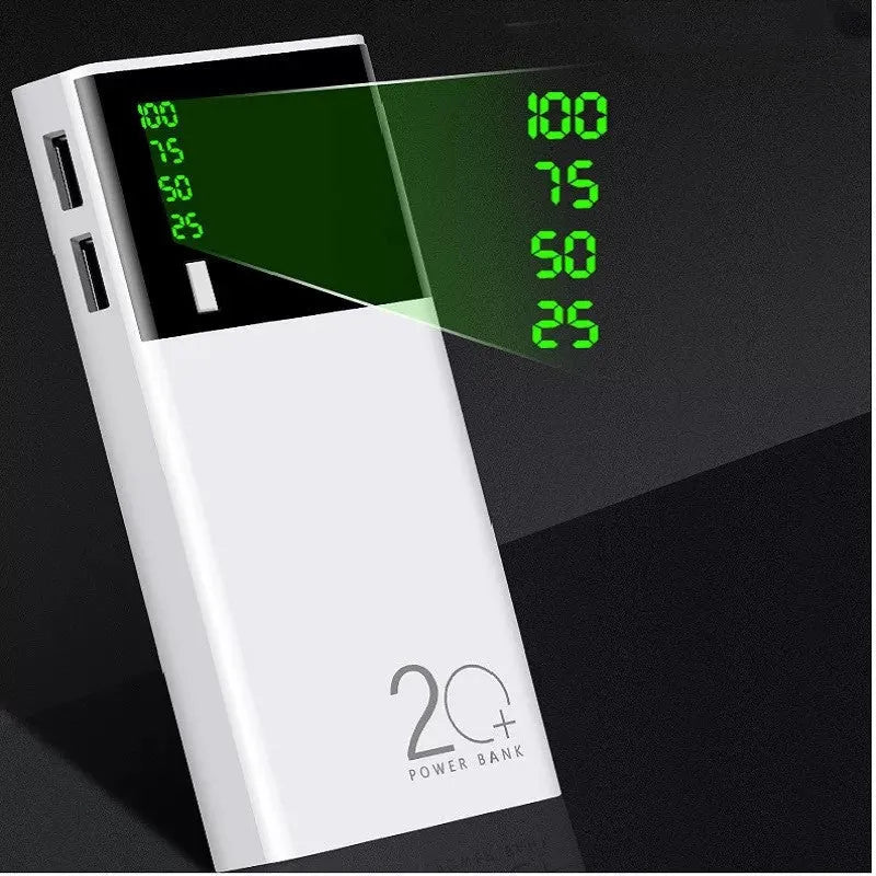 Black rectangular 20000mAh portable power bank with included USB charging cable
