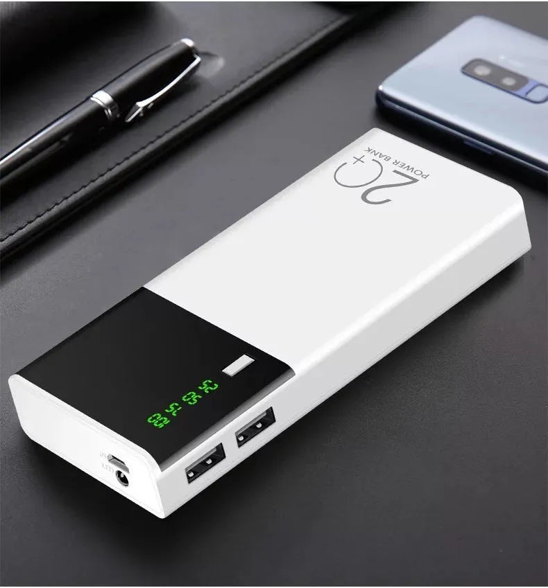 Black rectangular 20000mAh portable power bank with included USB charging cable
