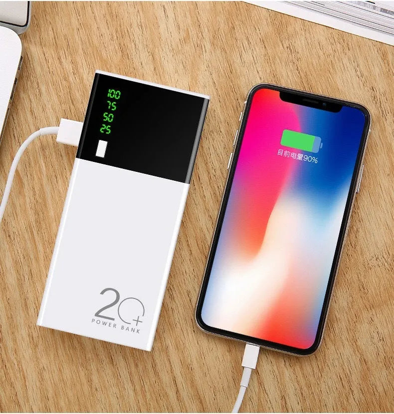 Black rectangular 20000mAh portable power bank with included USB charging cable