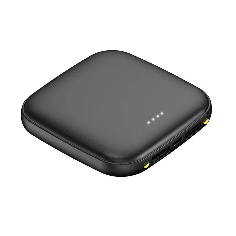 20000mAh mini power bank in black colour showing compact 82mm size with LED flashlight function