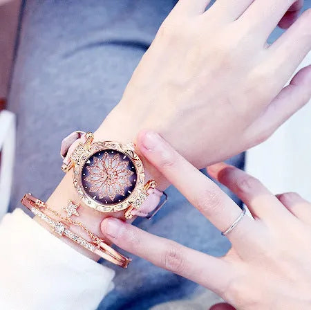 Women's diamond dial watch with round 32mm face, PU case, and pin buckle clasp in multiple colour options.