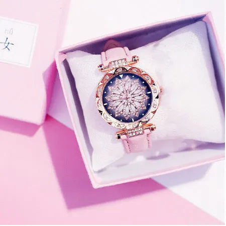 Women's diamond dial watch with round 32mm face, PU case, and pin buckle clasp in multiple colour options.