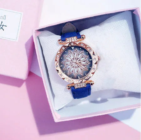 Women's diamond dial watch with round 32mm face, PU case, and pin buckle clasp in multiple colour options.